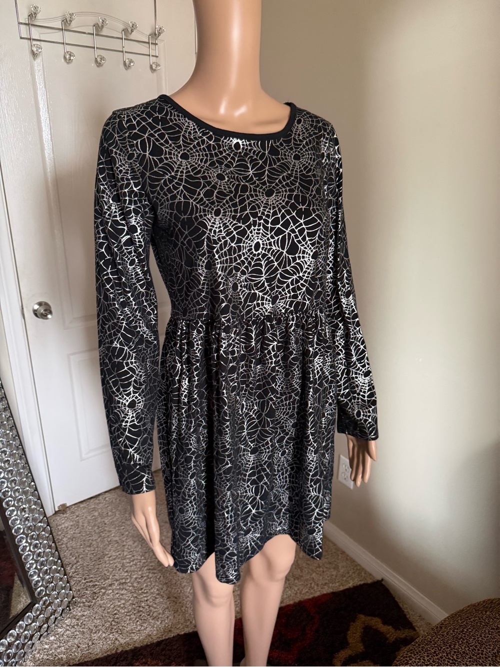 Cat & Jack Black Long Sleeve Dress with Silver Webprint